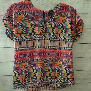 Fun & Flirt Multicolor Aztec Boho Geometric Patterned Cap Sleeve Blouse Large